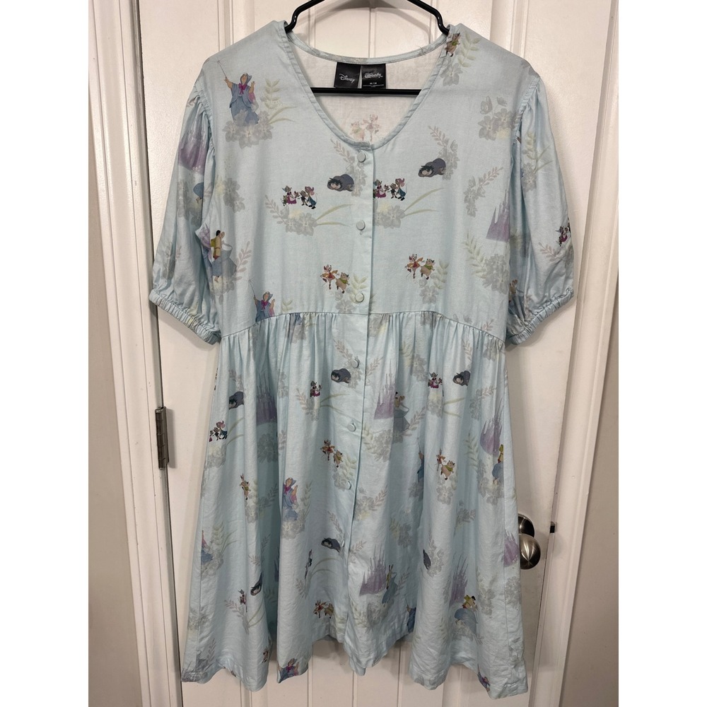 Disney Cakeworthy Cinderella Blue Babydoll Dress Button Front Puff Sleeve Medium